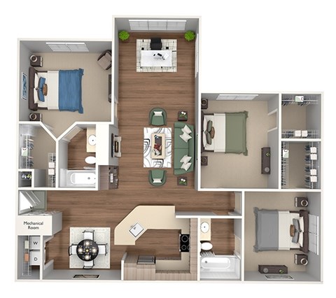 Floor plan for 3 beds, 2 baths, 1400 sqft